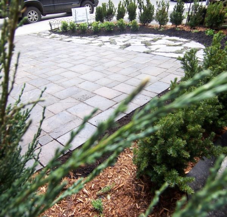 Paving stones driveway with terrace and plants - Natural stone, interlock and shrubs