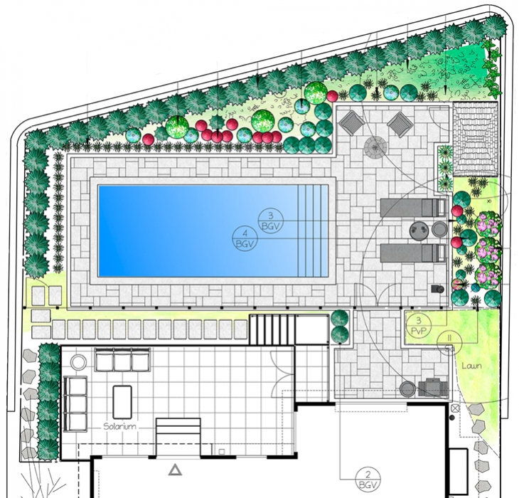 Croquis de jardin avec piscine  - Extérieur avec piscine bordé de pavé uni 