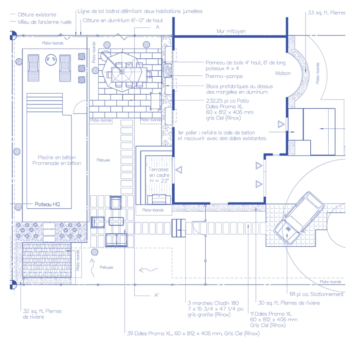 Plan de construction de Terrasse  - plan de jardin avec terrasse, piscine et pavé uni 