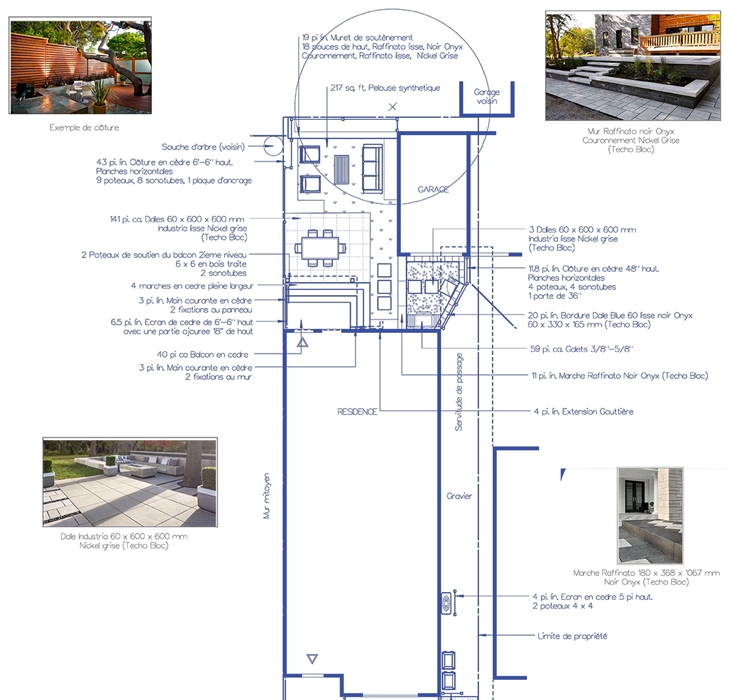Plan de l'extérieur d'une résidence  - Extérieur d'une résidence composé d'une terrasse et d'un garage